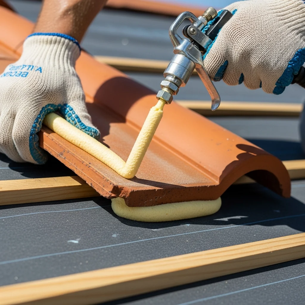 A close-up, highly detailed view of a roofing contractor's gloved hands applying expanding polyurethane foam adhesive to secure a curved terracotta roof tile over a thick, dark peel-and-stick underlayment. Bright sunny day, sharp focus, construction realism.