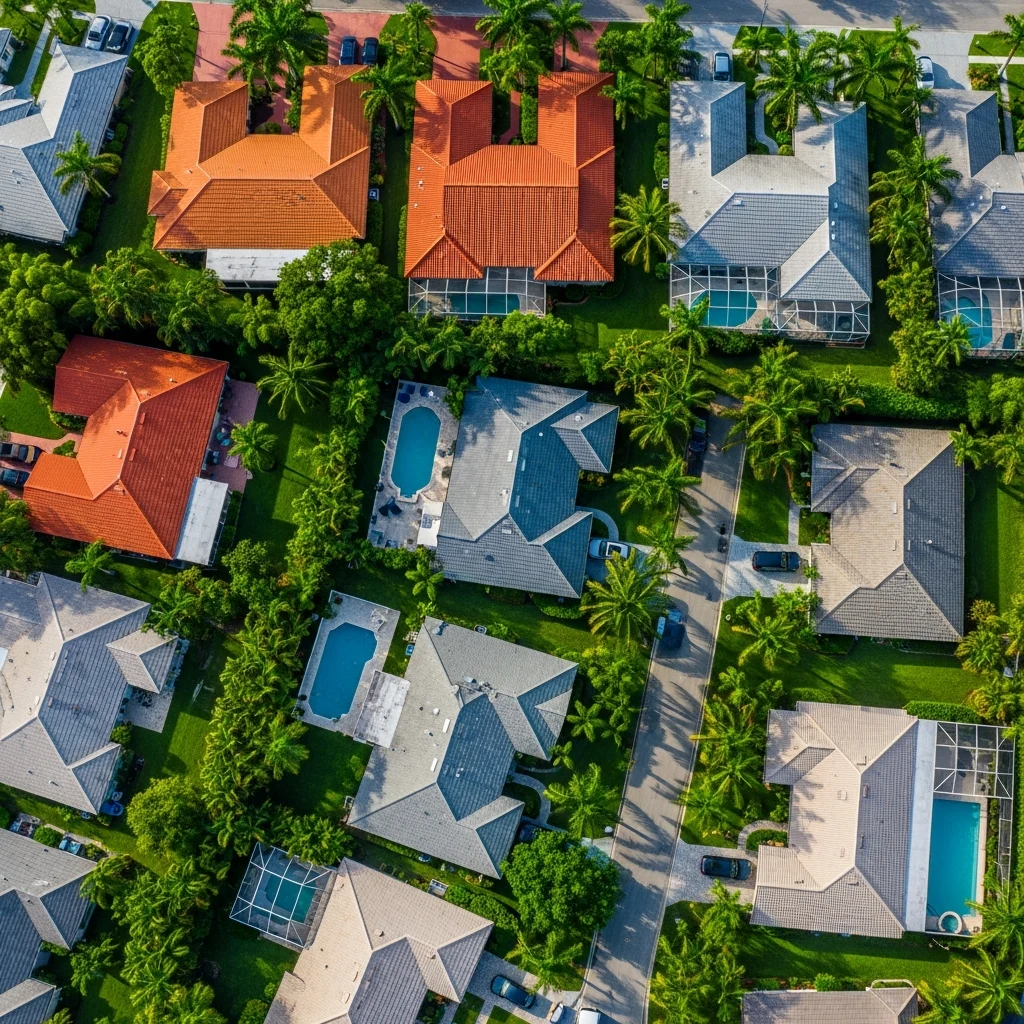 An aerial drone perspective looking directly down at a Florida residential neighborhood, showing a mix of homes with diverse tile roofs—some bright terracotta, some slate gray concrete. Lush green tropical landscaping surrounds the properties under bright afternoon sunlight.