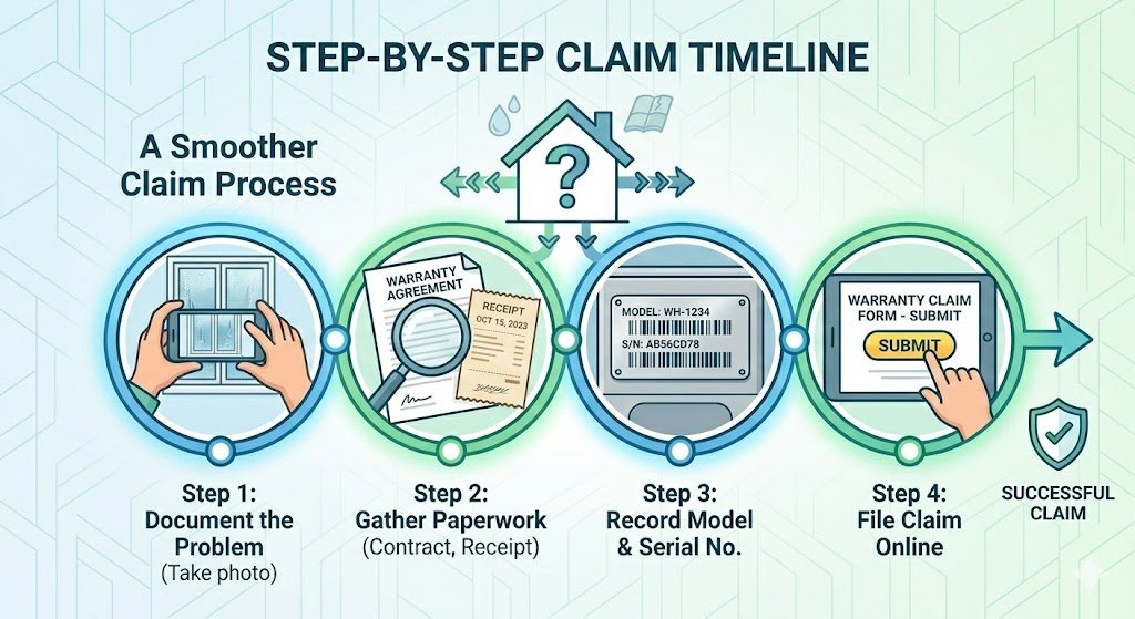 An illustration of the steps to file a warranty claim, emphasizing the importance of documentation like contracts, receipts, and photos.