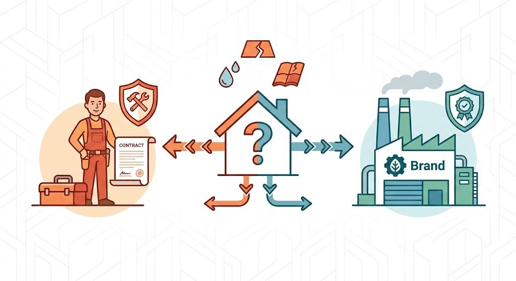 An graphic illustrating the process of identifying who is responsible for a warranty claim, pointing towards either the contractor or the manufacturer.