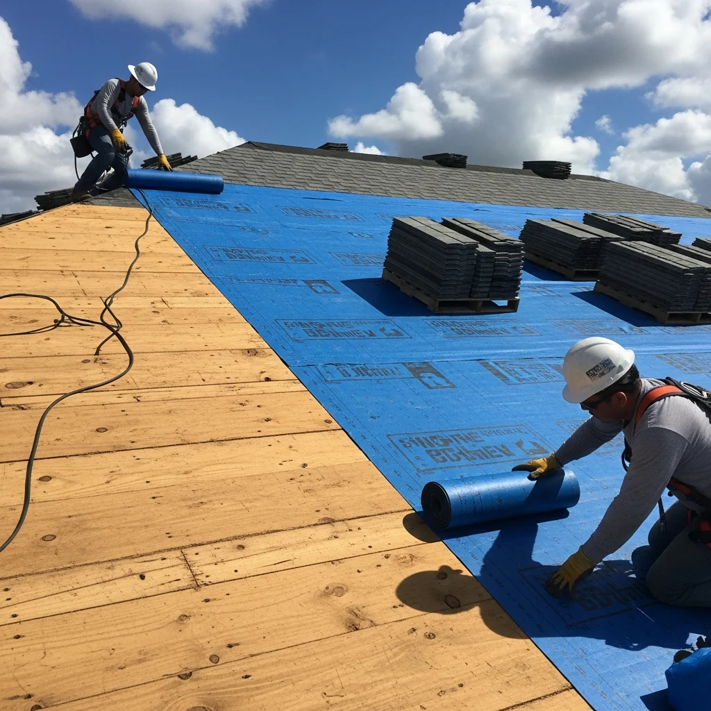 Florida roof replacement process showing exposed decking, blue waterproof underlayment, and new architectural shingles.