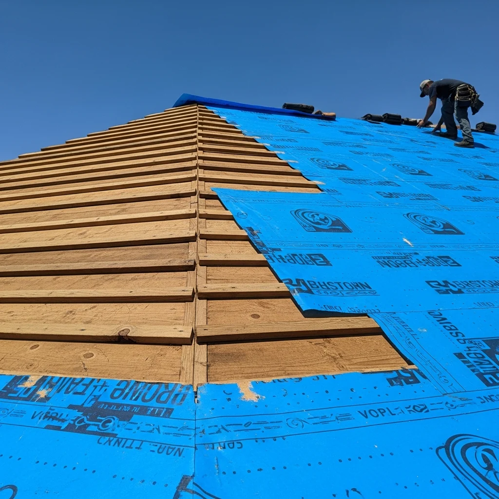 Close-up of a Florida home's roof being prepped for replacement, showing exposed wooden decking and a worker laying down a bright blue waterproof underlayment under clear sunny skies.