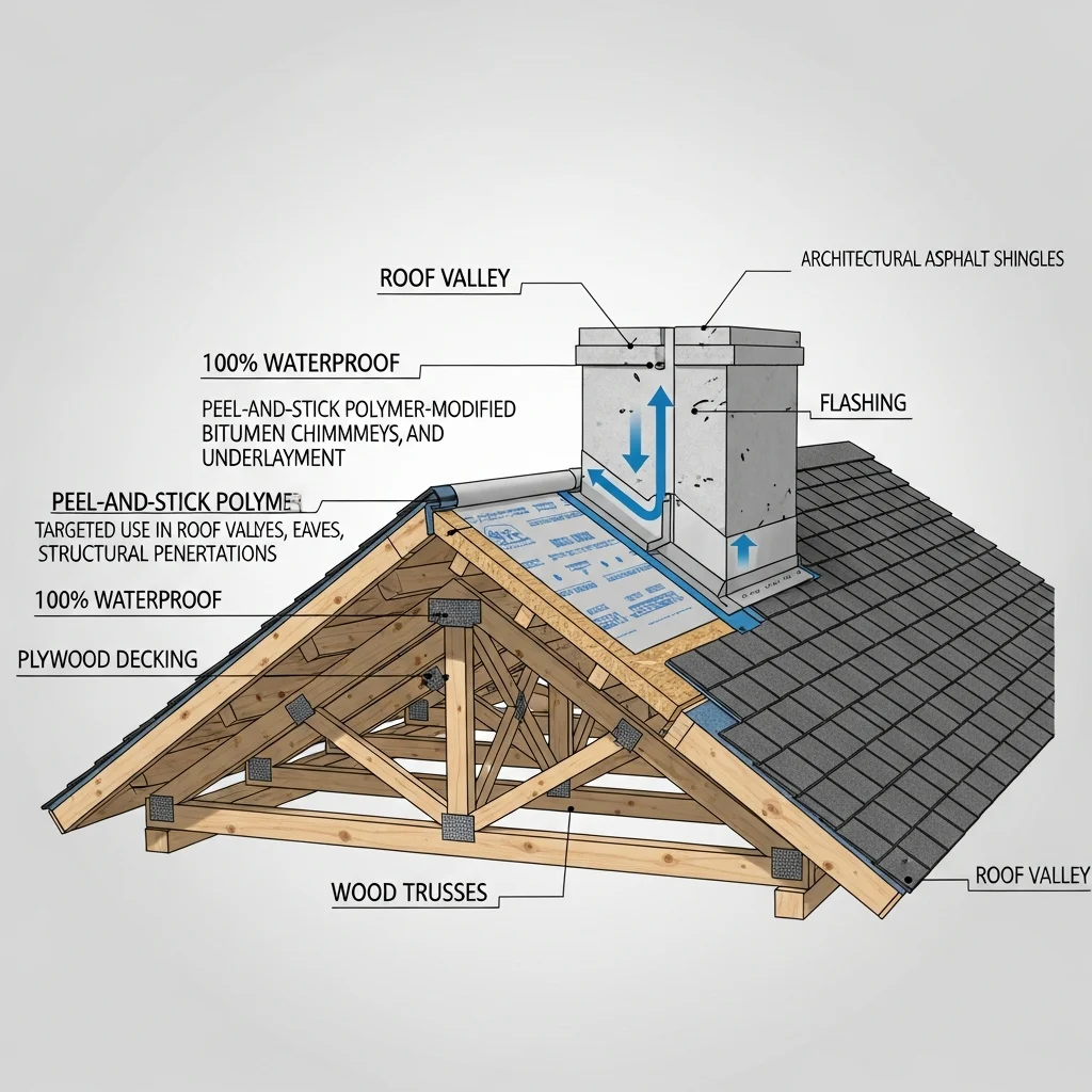Architectural cross-section diagram showing the layers of a modern Florida roof, including wood trusses, plywood decking, peel-and-stick underlayment, flashing, and architectural asphalt shingles.