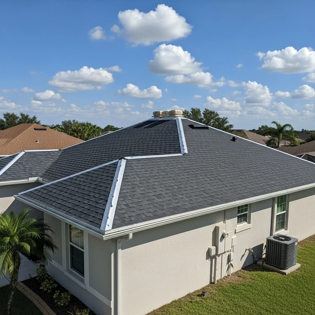 Wide-angle view of a newly replaced roof on a Florida suburban home, featuring pristine architectural shingles, a continuous ridge vent, new aluminum drip edges, and a spotless surrounding lawn.