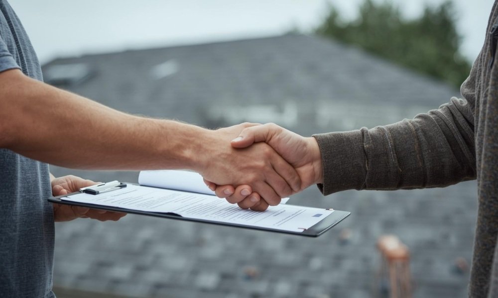 A homeowner and a roofing contractor shaking hands over a clipboard with a lien waiver form, with a newly shingled roof visible in the background.