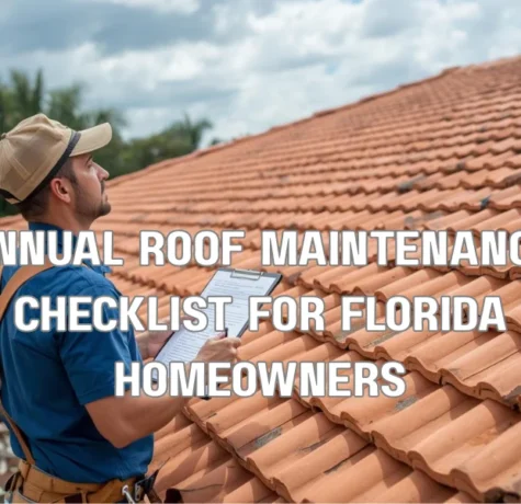 A homeowner in Fort Lauderdale standing on a patio, checking off items on a professional roof maintenance checklist while looking up at a well-maintained tile roof.
