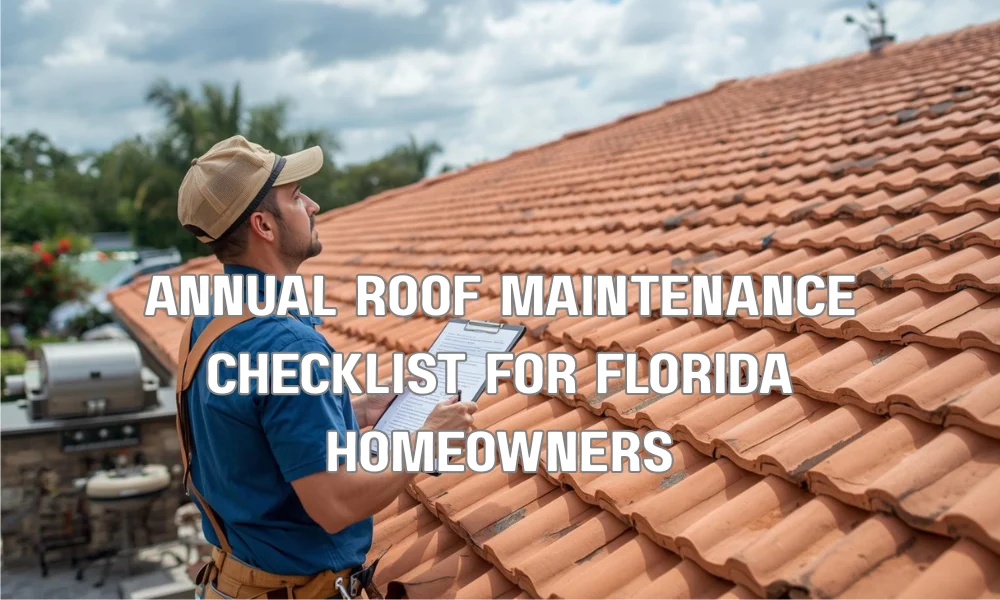 A homeowner in Fort Lauderdale standing on a patio, checking off items on a professional roof maintenance checklist while looking up at a well-maintained tile roof.