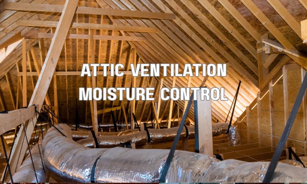 A cutaway infographic illustrating a residential attic with balanced airflow, showing ridge vents, soffit vents, and insulation working together to prevent moisture buildup and heat transfer.