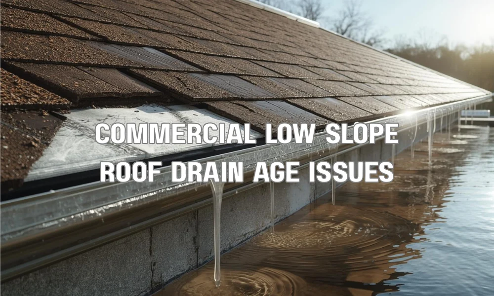 A technical illustration showing a cross section of a flat commercial roof membrane. On the left, blocked drainage leads to water ponding, blistering, and seam failure; on the right, clean drainage shows healthy membrane function.