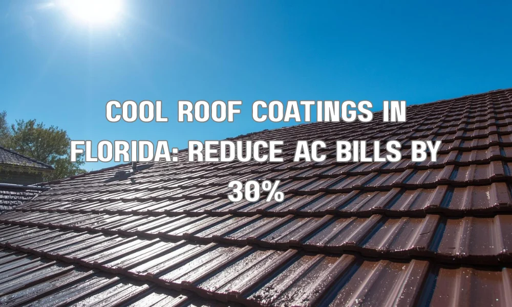 Infographic showing a white reflective cool roof on a Florida home, illustrating reduced AC costs, improved indoor comfort, and environmental protection.