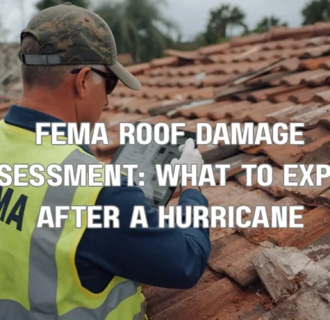 A FEMA inspector wearing an official vest uses a tablet to document damage on a residential tile roof while discussing the assessment process with the homeowner after a hurricane in Florida.