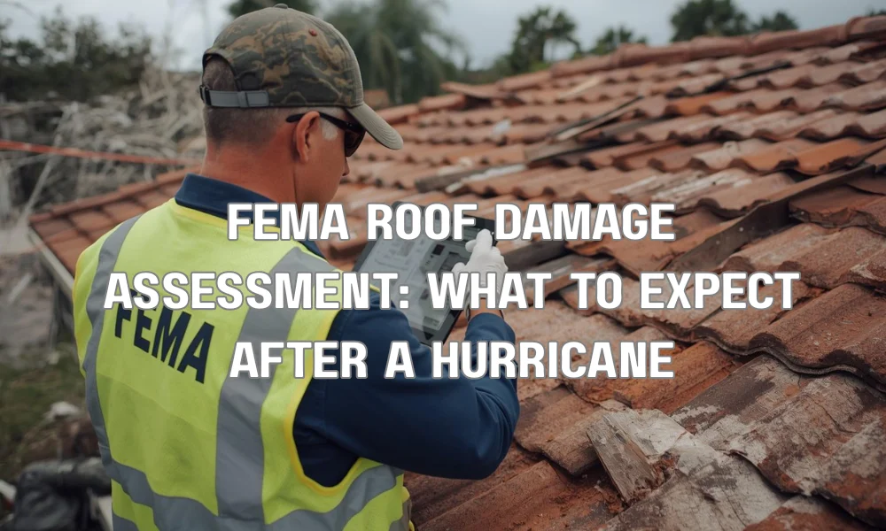 A FEMA inspector wearing an official vest uses a tablet to document damage on a residential tile roof while discussing the assessment process with the homeowner after a hurricane in Florida.