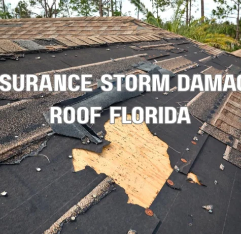 Storm damaged roof on Florida home after hurricane showing shingles missing for insurance claim