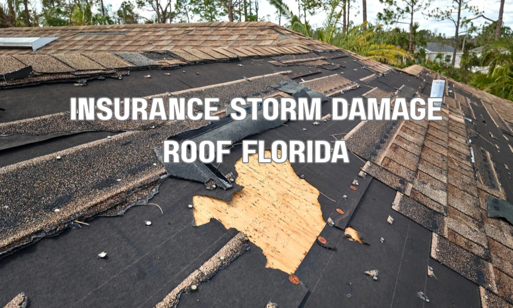 Storm damaged roof on Florida home after hurricane showing shingles missing for insurance claim
