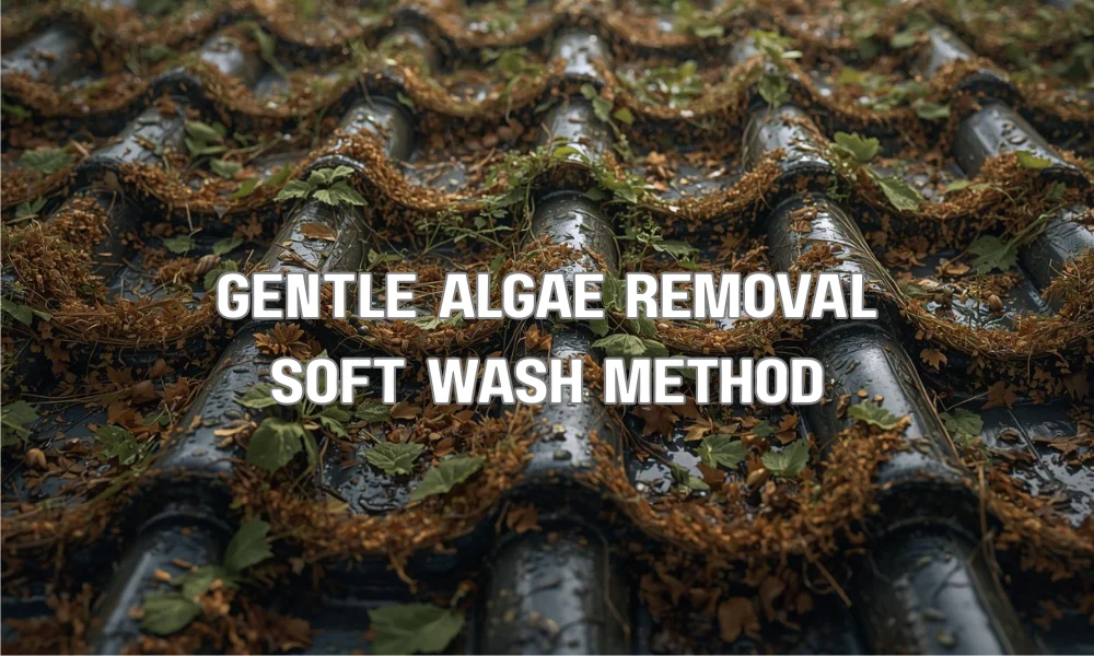 A technical illustration showing the process of 'soft washing' a residential roof, with a close up view comparing biological growth removal to a clean, preserved shingle surface, contrasting against power washing.