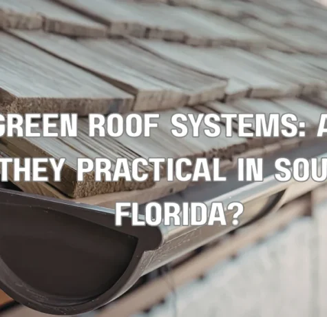 A detailed close-up of a multi-layered extensive green roof system being installed on a building in South Florida, showcasing the drainage layer, growing medium, and small succulent plants, with a worker performing final adjustments.