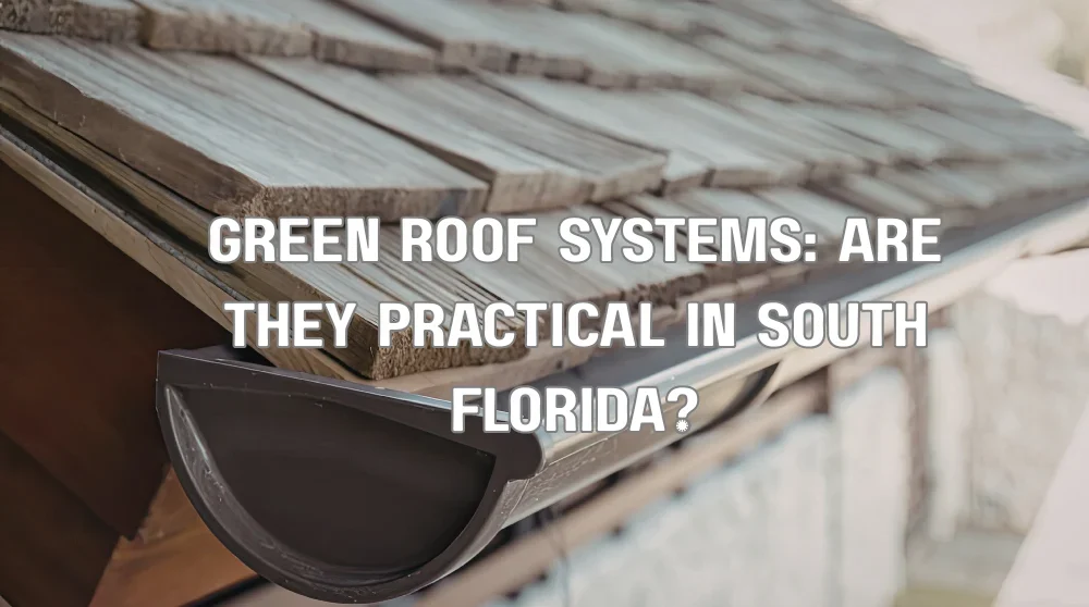 A detailed close-up of a multi-layered extensive green roof system being installed on a building in South Florida, showcasing the drainage layer, growing medium, and small succulent plants, with a worker performing final adjustments.