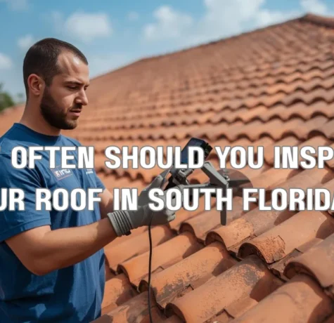 A certified drone pilot conducting a professional, high-resolution aerial inspection of a barrel tile roof on a home in South Florida.