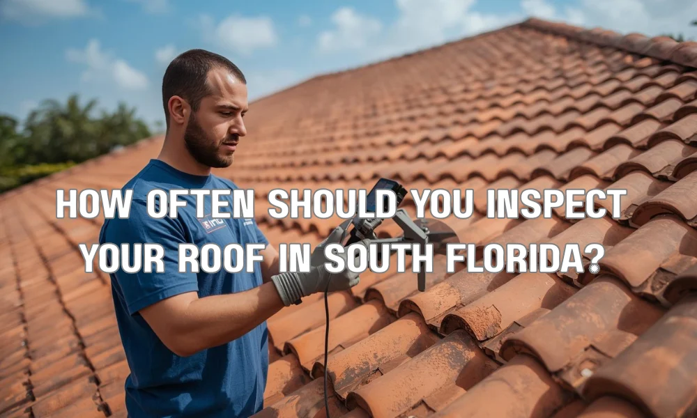 A certified drone pilot conducting a professional, high-resolution aerial inspection of a barrel tile roof on a home in South Florida.