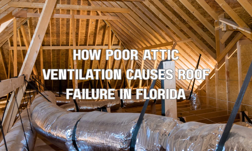 A dark, cluttered attic showing extensive water damage, wood rot on structural trusses, and dark mold growth spreading across the plywood decking due to persistent ventilation failure.