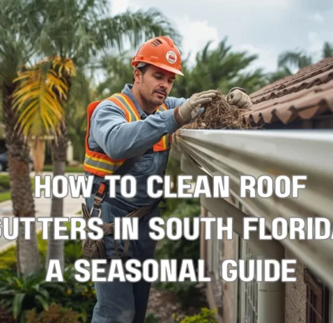 A professional technician in safety gear cleaning debris from a residential seamless gutter system on a South Florida home, surrounded by tropical landscaping and palm trees.