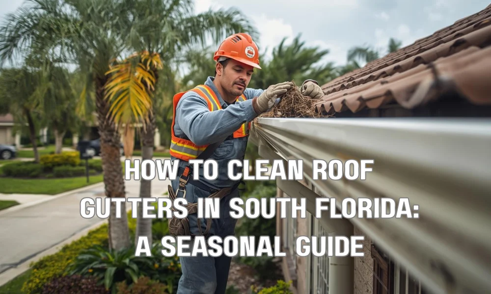 A professional technician in safety gear cleaning debris from a residential seamless gutter system on a South Florida home, surrounded by tropical landscaping and palm trees.
