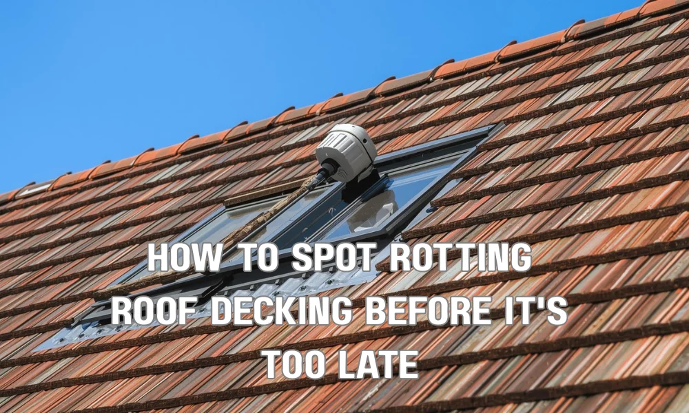 A professional roofing inspector in a dark attic space using a high-powered flashlight and a moisture meter to check the wooden roof decking for signs of structural damage and water stains.