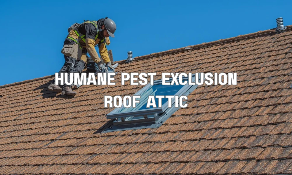 A diagrammatic illustration showing a technician performing humane pest exclusion from an attic. It features a one-way door installed at an entry point and permanent exclusion sealing with wire mesh.