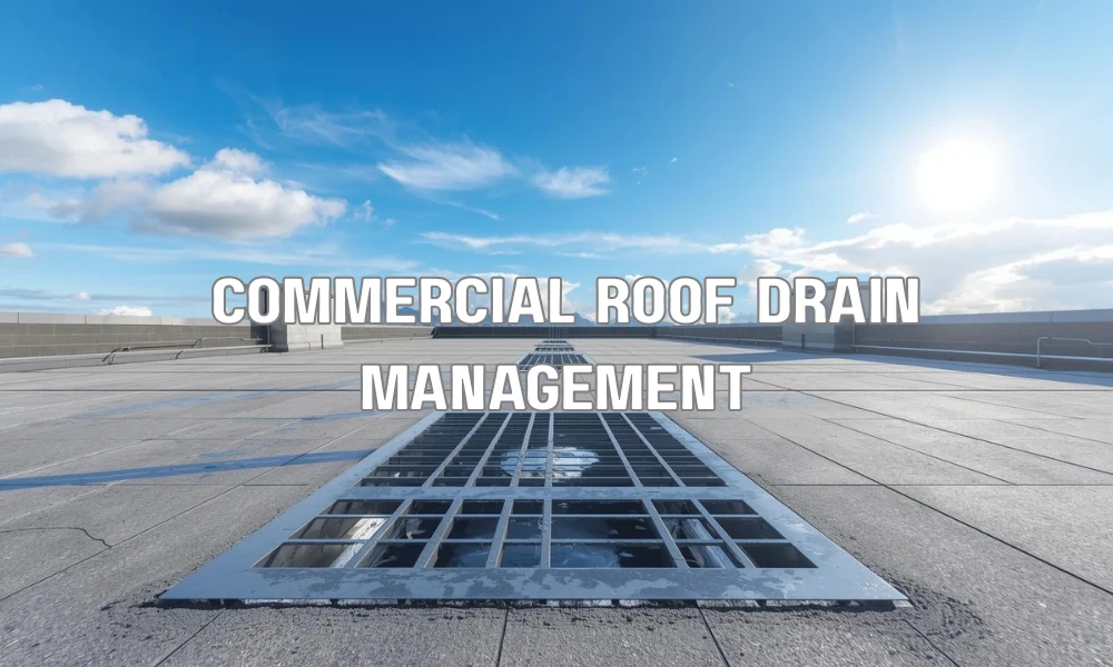 A technical diagram illustrating IoT sensors installed in a commercial roof drain. It shows real-time data flow via wireless signals to a facility manager's tablet, highlighting blockage alerts and proactive maintenance data.