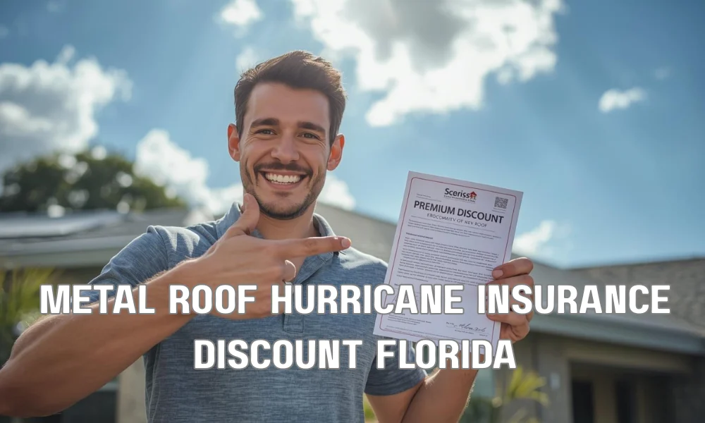 A satisfied Fort Lauderdale homeowner pointing happily at the documentation of a premium discount for their new metal roof, which is visible in the background under a sunny sky.