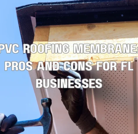 Contractors installing white PVC roofing membrane on a commercial flat roof
