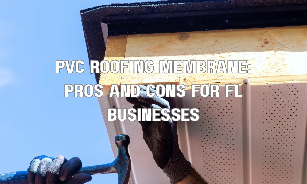 Contractors installing white PVC roofing membrane on a commercial flat roof