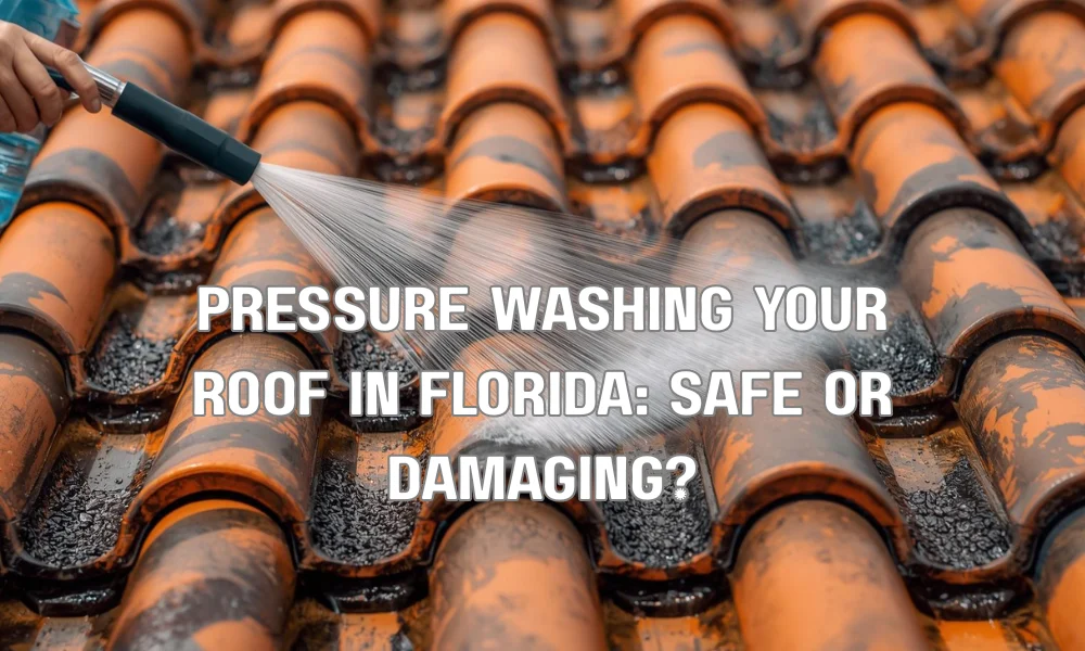 A close-up showing the damaging effects of high-pressure washing on a Florida tile roof, where the intense water stream is fracturing a barrel tile and stripping away its protective finish.