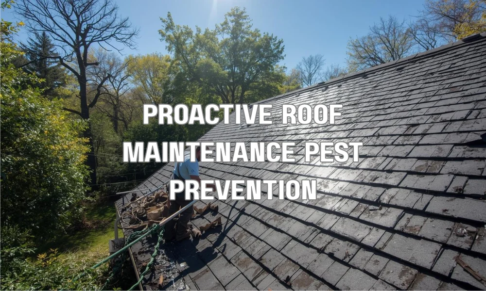 A professional New Yorker style illustration showing a clean residential roof with trimmed trees and clear gutters to prevent pest access and water buildup.