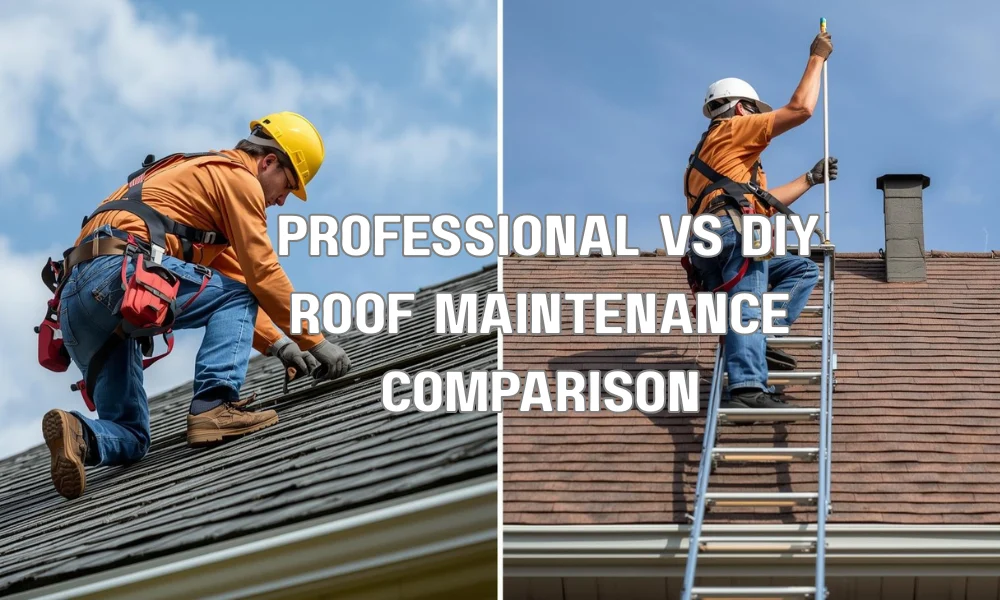 A side-by-side comparison showing a professional roofer with safety gear and specialized tools versus a homeowner on a ladder, highlighting safety and equipment differences.