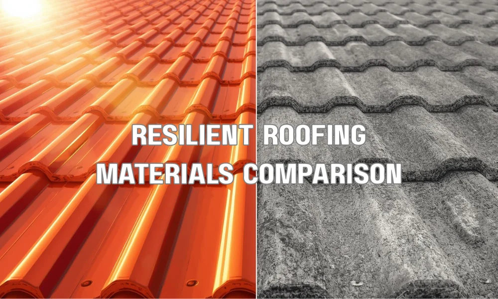 A professional illustration comparing the durability and heat reflective properties of metal roofing and concrete tiles for Florida homes.