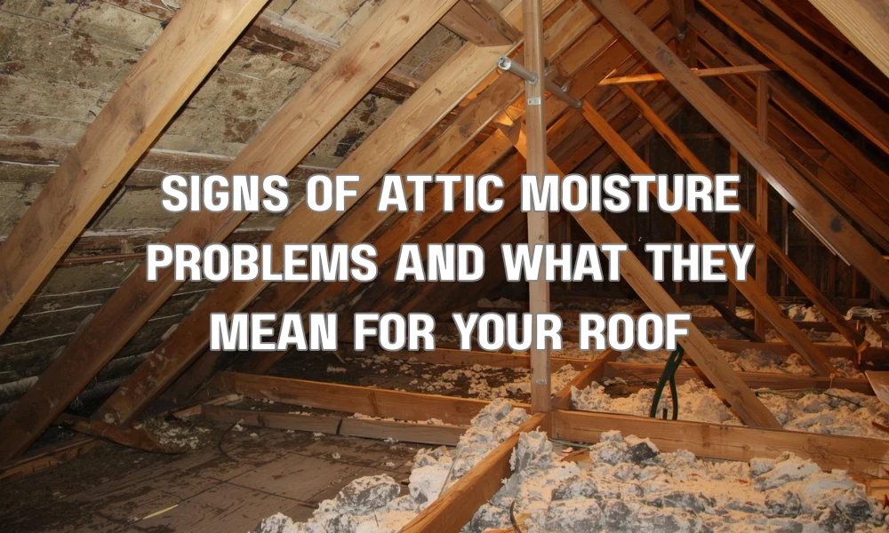 A stylized, split-diagram illustration highlighting internal attic views versus external roof views. The left side, 'Attic View,' shows peeling paint, wood rot, and mold growth with pointers labeled 'CONDENSATION.' The right side, 'Roof View,' shows dark streaks and deteriorating shingles, indicating advanced damage from ignored attic moisture. A central title reads: 'SIGNS OF ATTIC MOISTURE PROBLEMS.'