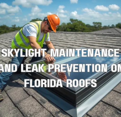 An illustrative diagram in a professional New Yorker style showing a technician conducting a detailed maintenance check on a residential skylight on a Florida roof. The graphic highlights preventative actions, including debris removal and verifying watertight integrity of the flashing.