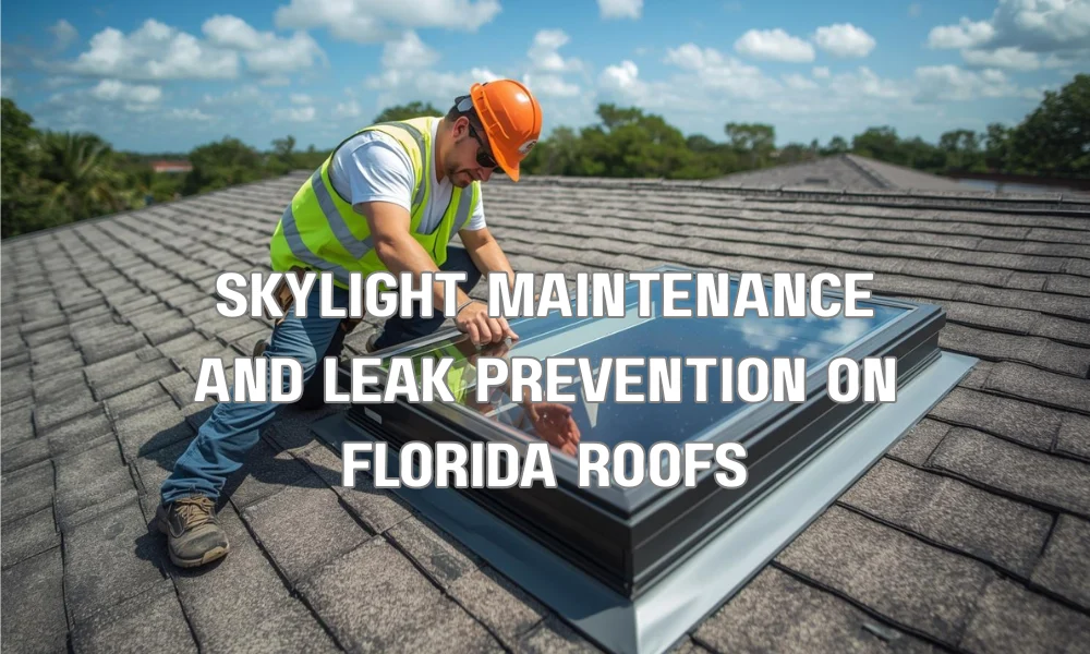 An illustrative diagram in a professional New Yorker style showing a technician conducting a detailed maintenance check on a residential skylight on a Florida roof. The graphic highlights preventative actions, including debris removal and verifying watertight integrity of the flashing.