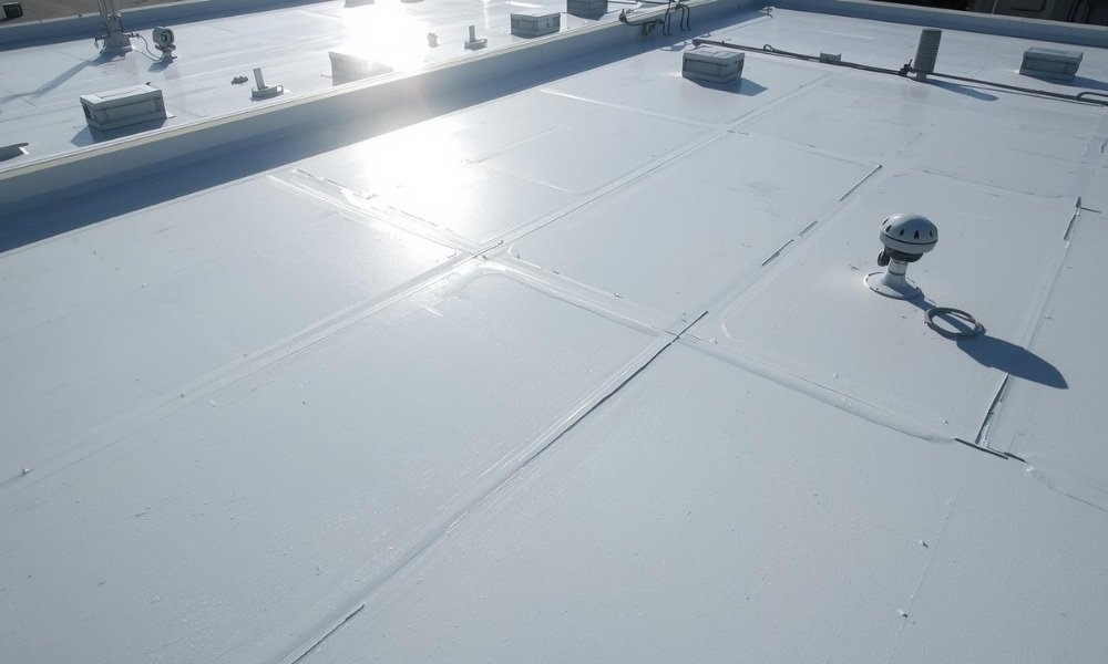 A high-angle view of a bright white, highly reflective TPO commercial roof under a glaring sun, symbolizing significant energy savings and modern, cool-roof technology.