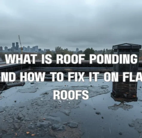 A split-screen diagram illustrating a flat roof with a large water puddle (ponding) on the left and a corrected roof with a tapered insulation system and clear drainage on the right.