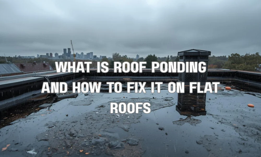 A split-screen diagram illustrating a flat roof with a large water puddle (ponding) on the left and a corrected roof with a tapered insulation system and clear drainage on the right.