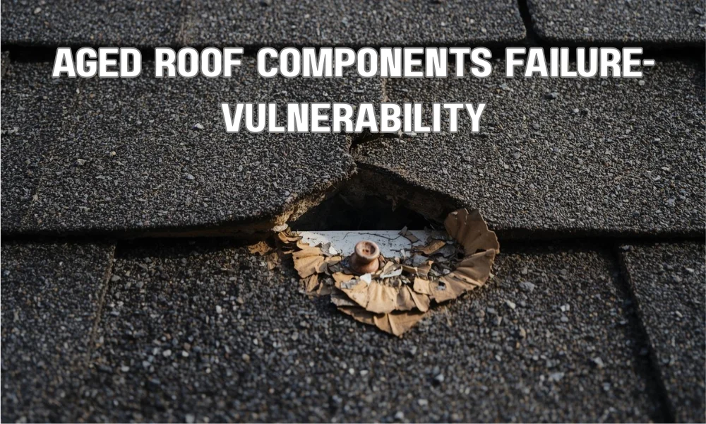 A detailed close-up showing a section of an aging roof where a brittle asphalt shingle is cracked and lifting, exposing deteriorated underlayment and a rusty, loose nail, illustrating vulnerability to hurricane winds.