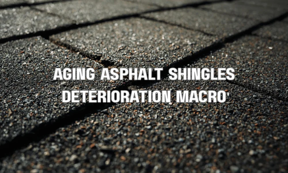 A detailed macro photograph capturing granular loss and a subtle hairline crack on aged asphalt roof shingles.