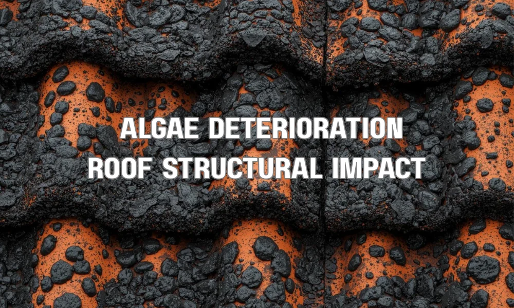 A microscopic-style close-up showing black algae colonies spreading across the porous surface of a Florida roof tile, causing surface pitting and heat absorption.