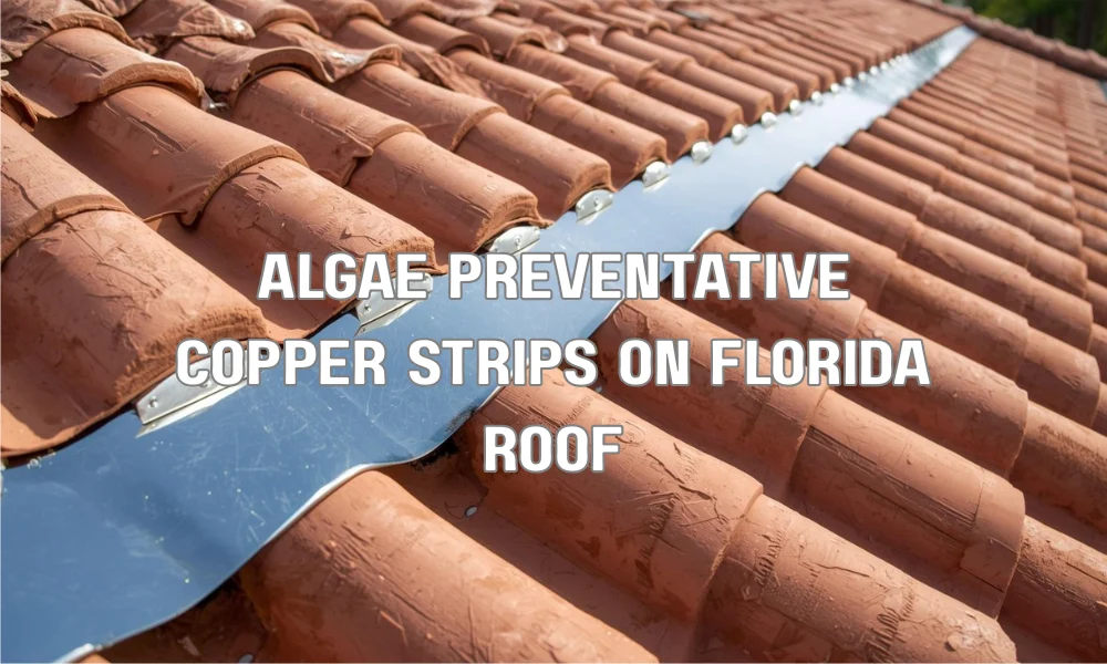 A close-up view of newly installed zinc algae-prevention strips along the ridge cap of a clean, Spanish barrel tile roof on a home in Florida, showing the metal glistening in the sun.