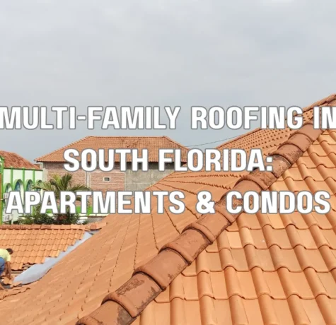 Roofing contractors repairing the roof of a multi-family apartment or condominium building in South Florida