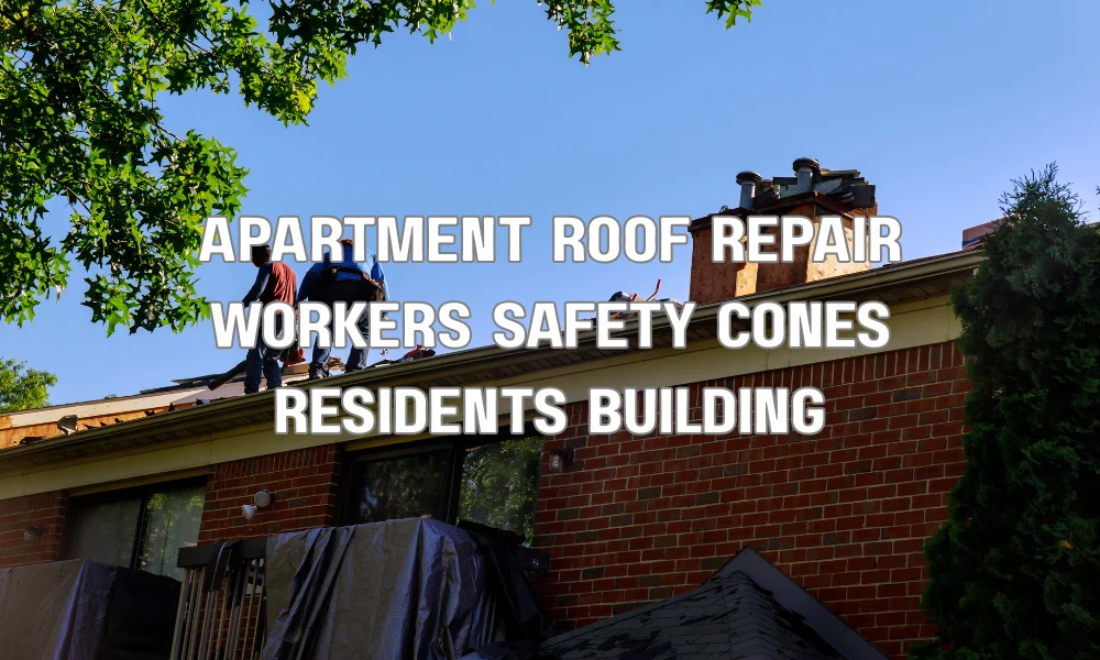 Roofing contractors working on a multi-family apartment building with safety barriers and resident areas protected during repairs