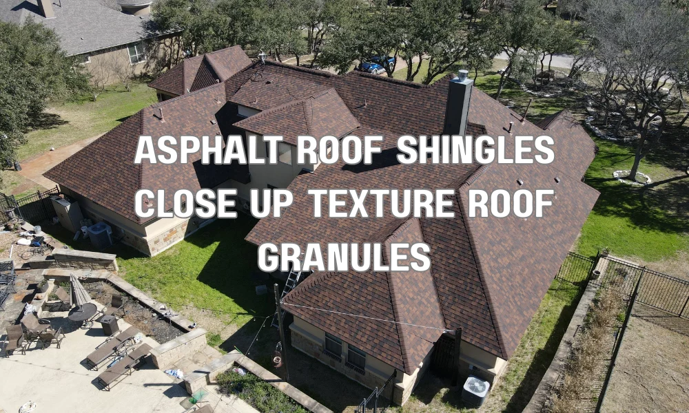 Close-up of asphalt roof shingles with protective granules designed for algae resistance and heat reflectivity