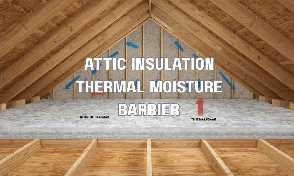 A detailed cross-section diagram of an attic space showing thick, newly installed spray foam insulation creating a tight seal on the underside of the roof deck and the attic floor, blocking moisture migration and heat transfer. Blue arrows show blocked humid air and heat, with "THERMAL BARRIER" labeled clearly.